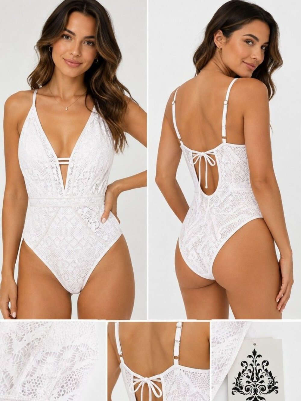 BECCA Women's XL White Lace One Piece Swimsuit Plunge Open Back NWT $118